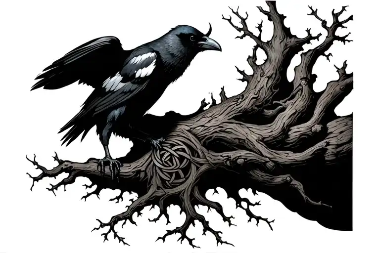 Vertical Viking sleeve tattoo, Yggdrasil roots at wrist, trunk with knotwork & runes, raven perched upper arm, branches  tattoo design idea