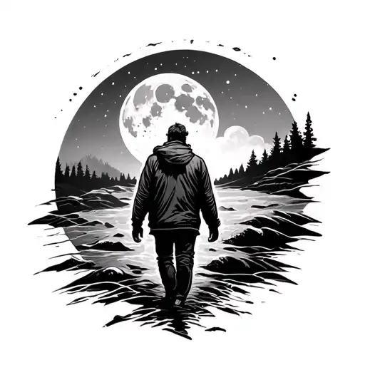a tattoo about being a popular loner with motions and moon and a man walking alone tattoo design idea