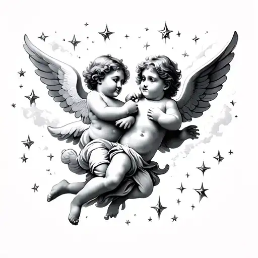 cherubs flying in the sky filled with stars tattoo design idea