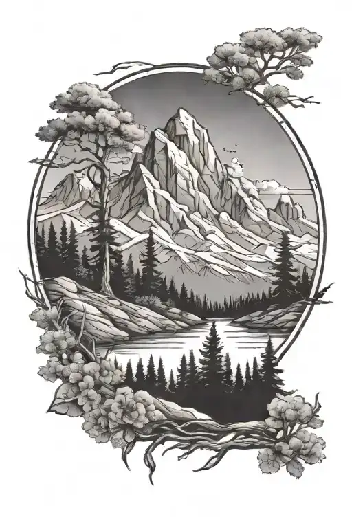western outdoors mountains trees tattoo design idea