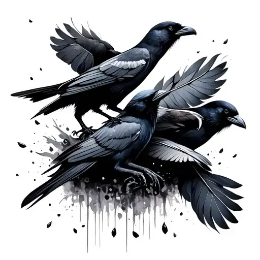 4 crow feathers falling with crows bursting out of the tip of the largest tattoo design idea