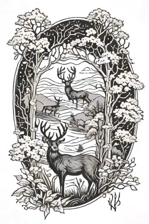 cross with trees and deer tattoo design idea