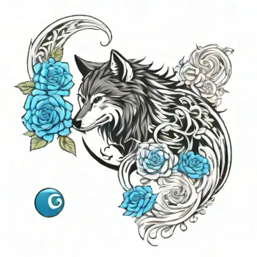 japanese wolf surrounded with roses blooming yin and yang tattoo design idea
