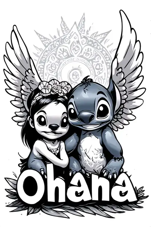 Stitch holding the word "Ohana" with Lilo as an angel tattoo design idea