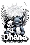 Stitch holding the word "Ohana" with Lilo as an angel tattoo design idea