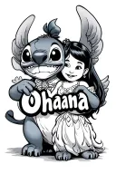 Stitch holding the word "Ohana" with Lilo as an angel tattoo design idea