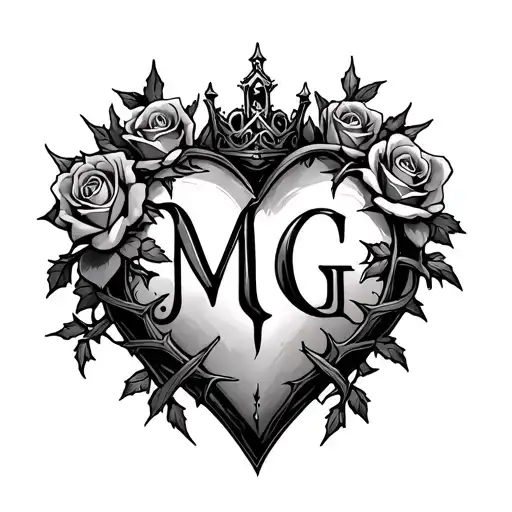 "M G" heart intertwined with roses and thorns, crowned and inscribed with Gothic characters tattoo design idea