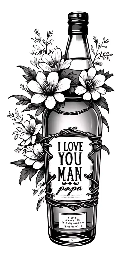 "I love you man papa" Whisky bottle with flowers and barbered wire tattoo design idea