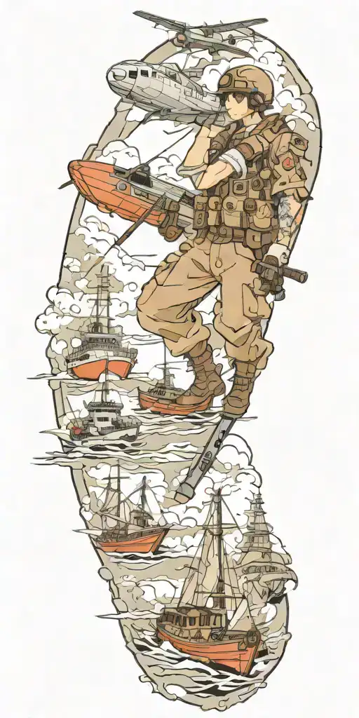 war soldier with boats and planes tattoo design idea