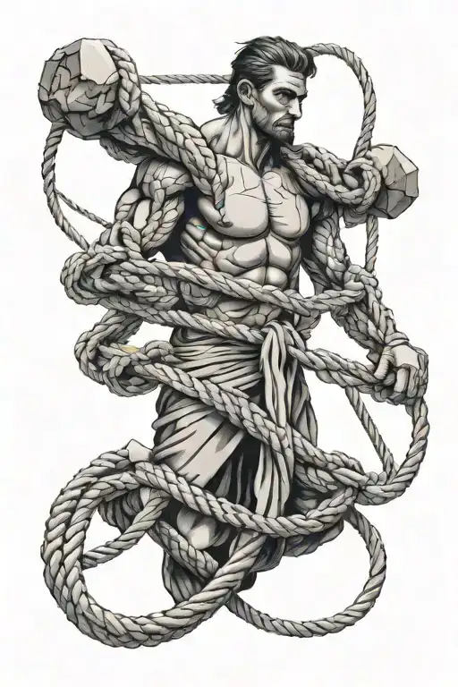 man tied to three rocks by rope intertwined tattoo design idea
