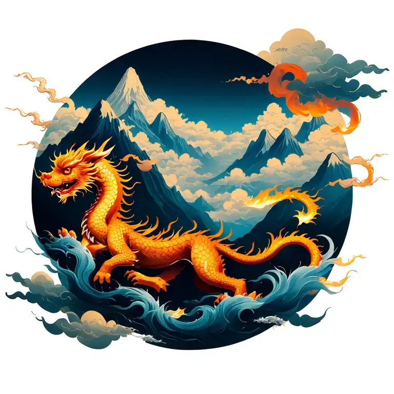 Realistic style tattoos on the back, layered mountains (brown and yellow tones), fire qilin (cinnabar red scales, golden eyes), the main peak of the mountain covers the Mingmen point, the head of the qilin faces the Dazhui point, auspicious cloud patterns (round golden clouds), the overall direction of the dragon tattoo design idea