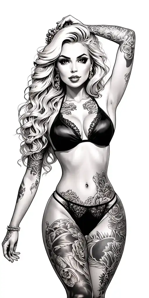 pin up blonde sexy Beautiful Girl, Petite,huge Boobs, slim Hips, Bikini . Long Hair,Sexual. Seductive. Full Body, Tattoo tattoo design idea