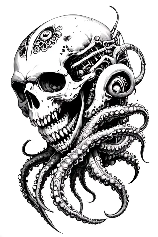 black and white ink drawing of a monstrous skull with tentacles, biomechanical and organic textures, surreal horror art tattoo design idea