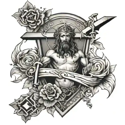 faith based tattoo design featuring jesus on the cross, a sword and shield, and vines tattoo design idea