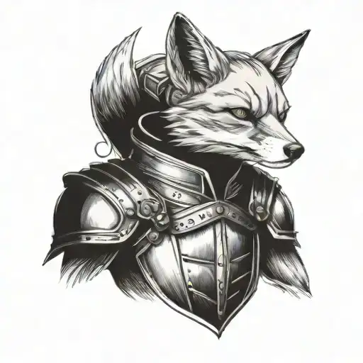 anthropomorphic fox in a suit of armour. include appealing extra details. black and grey drawing tattoo design idea