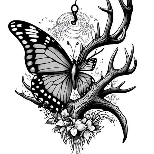  something with butterfly,boat,fishing hook,deer antler tattoo design idea