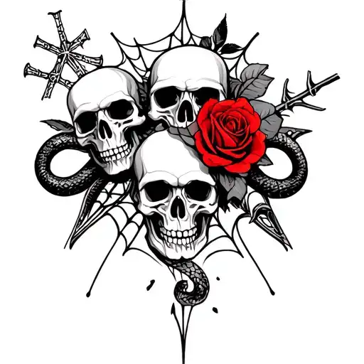 Skulls, roses, crosses, spiderwebs, snakes, and black and red color tattoo design idea