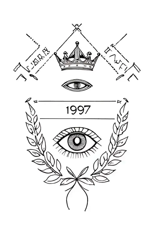 Laurel crown and Turkish eye in the center; below the date 1997. tattoo design idea