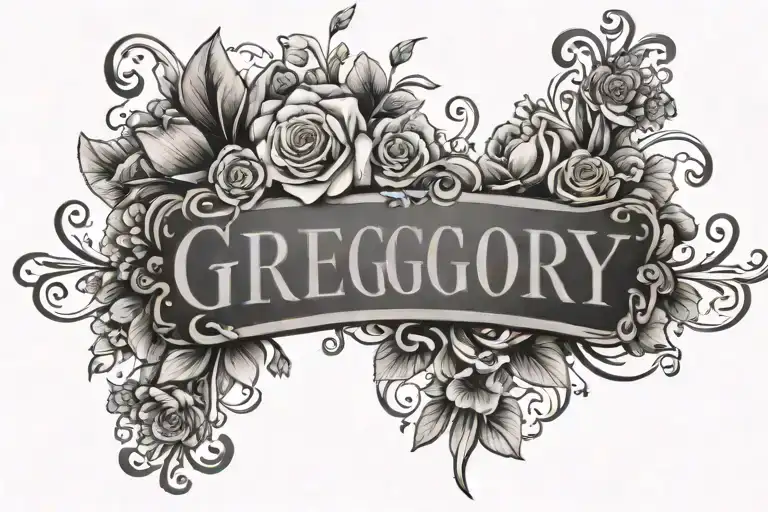 Tattoo with the name Gregory over garden of flowers and hearts tattoo design idea