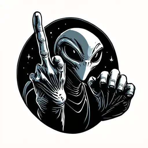 alien putting middle finger up space background tattoo design idea