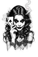 girl joker smoking with playing cards behind head  tattoo design idea