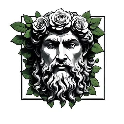 Green god square face  view from down with Greek rosace tattoo design idea