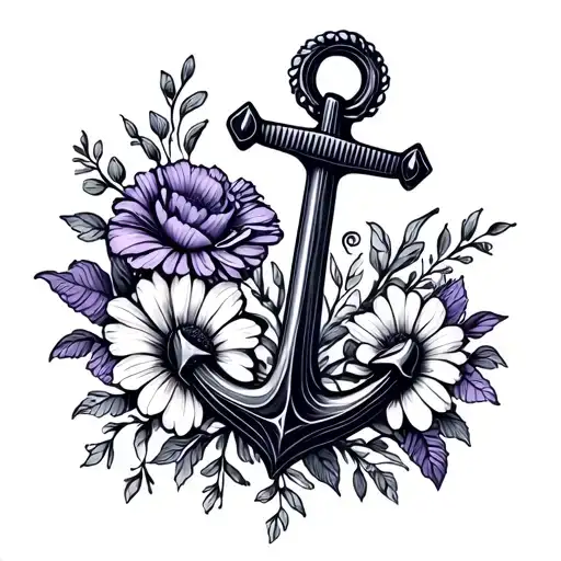 A fine line anchor surrounded by flowers: Carnation – Violet – Daffodil – Rose – Larkspur – Aster – Marigold – Chrysanth tattoo design idea