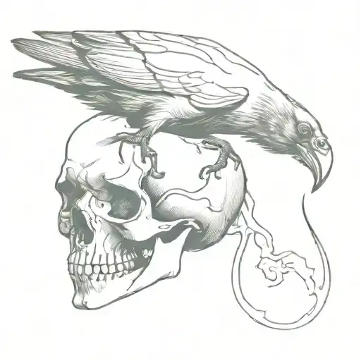 Crow scratching a skull, occultism symbologies tattoo design idea