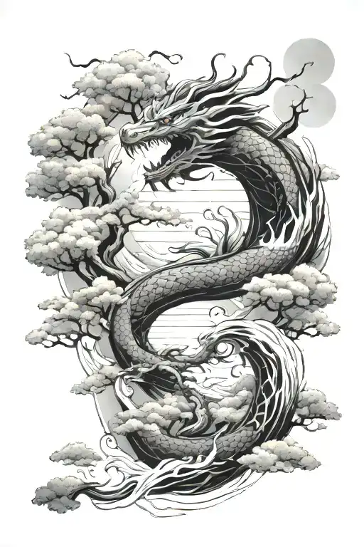 Japanese style trees and water with dragon tattoo design idea
