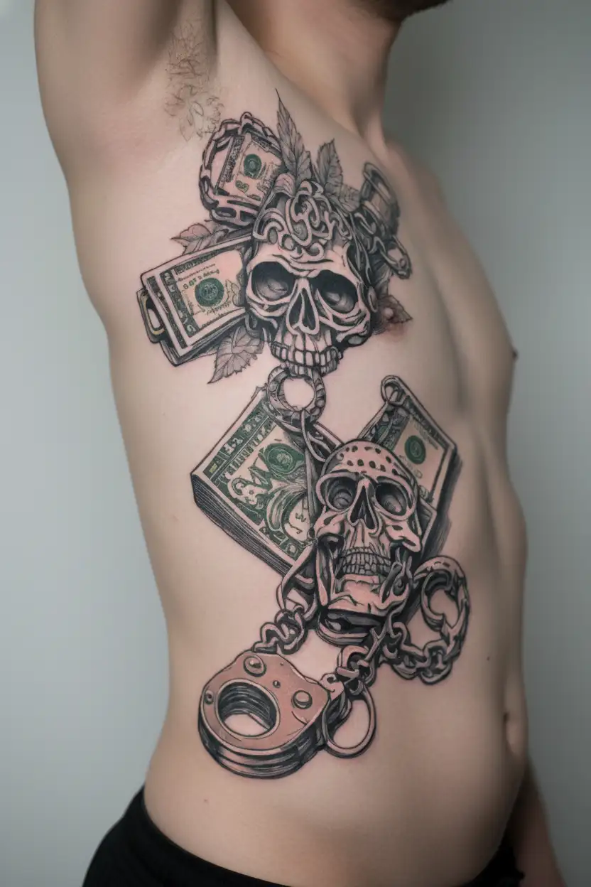 ski mask money handcuffs weed life of sin  tattoo design idea