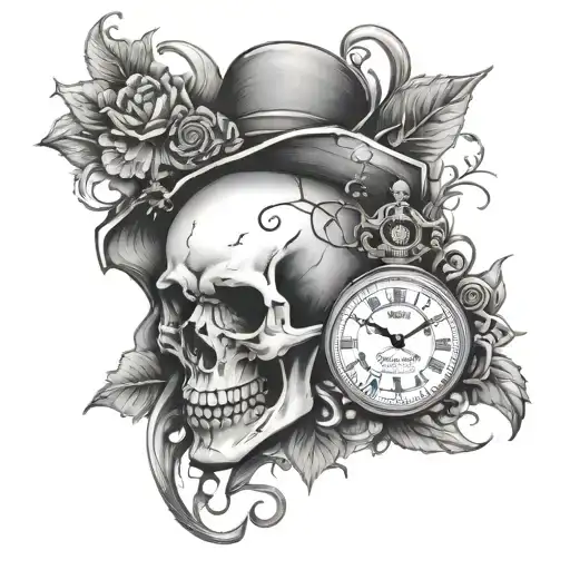 skull and time piece tattoo design idea