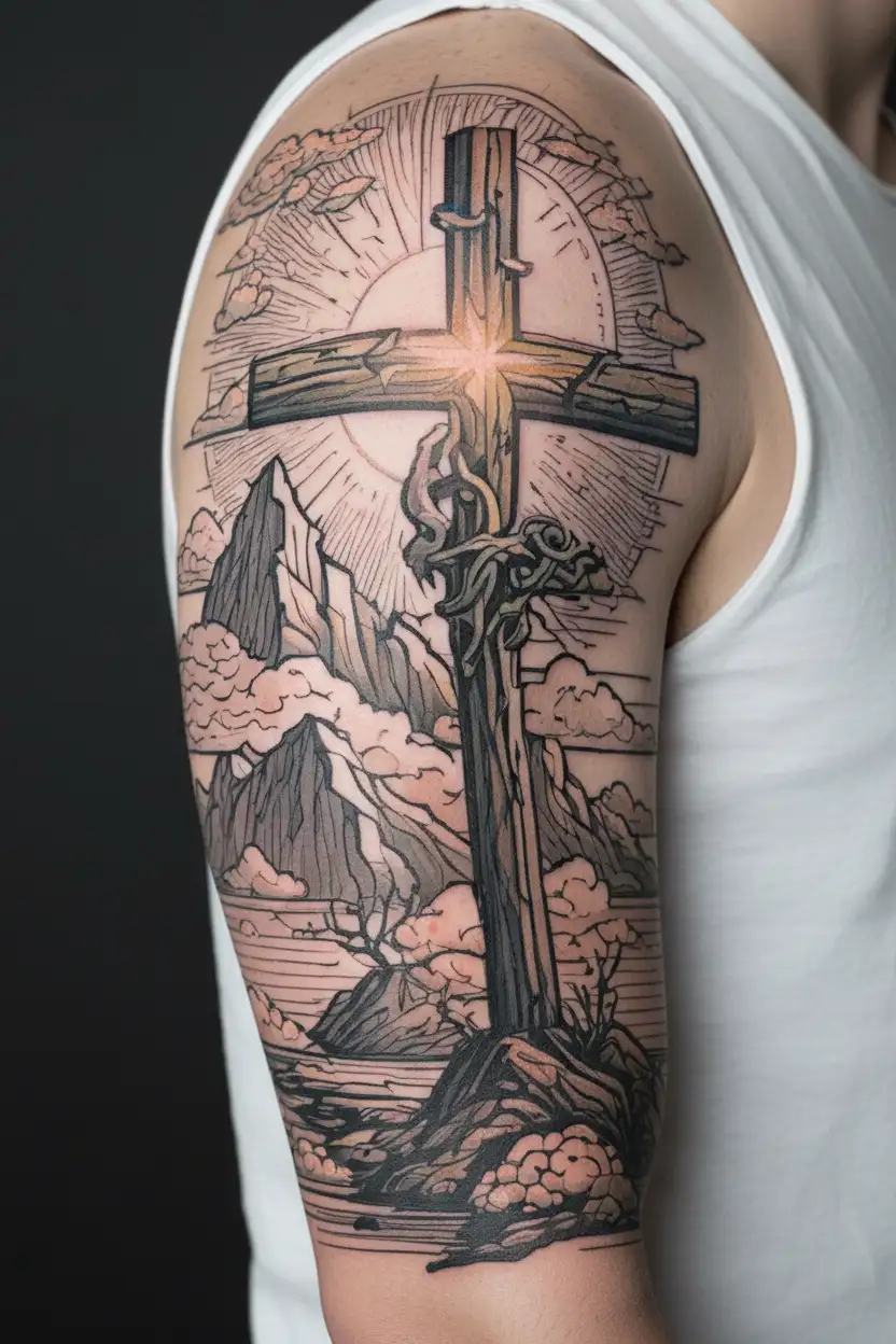 Broken wooden Cross on mountain peak with sun shining through clouds down on it at sunrise tattoo design idea