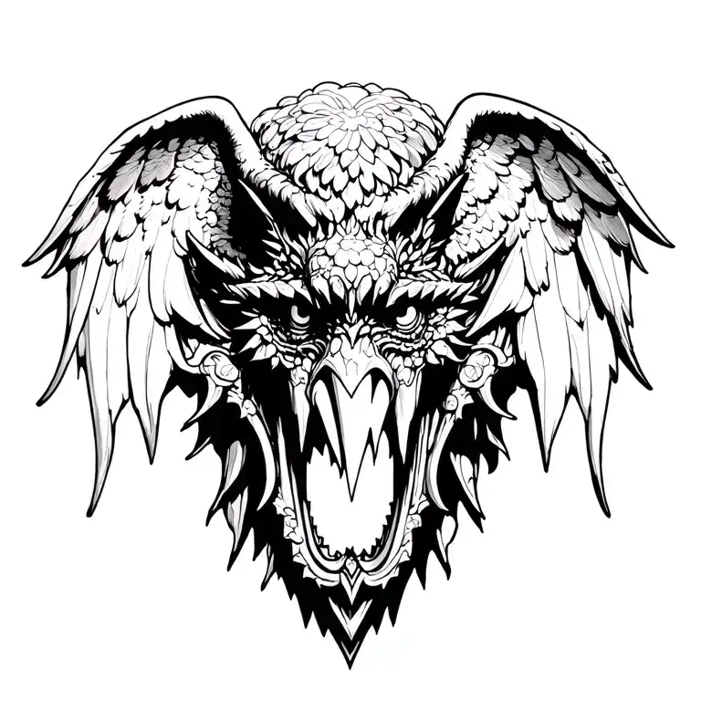 Sagrada familia architecture into a gargoyle front facing big wings tattoo design idea