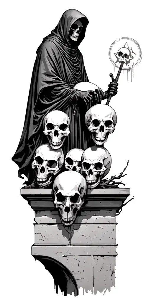 grim reaper standing over animal skulls on top of a ledge tattoo design idea