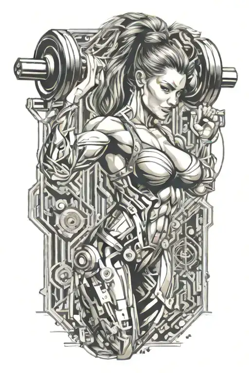 aesthetic bodybuilder muscular women lifting weight dumbell with technology circuits vectors board merging tattoo design idea