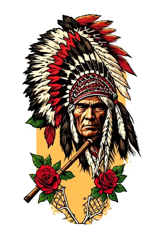 lacrosse stick with indian chief and roses tattoo design idea