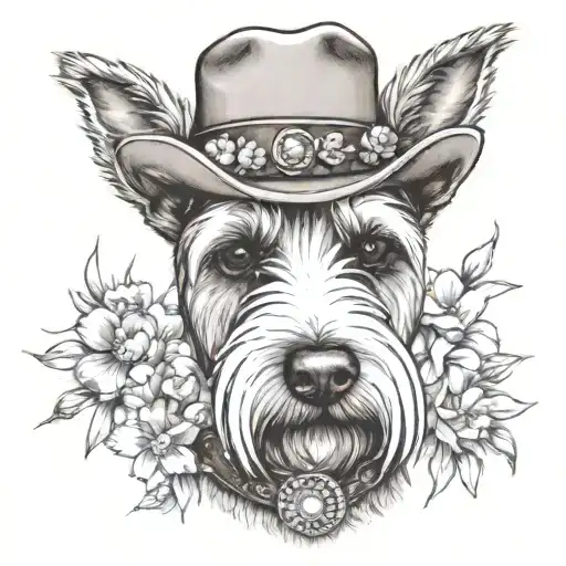 wheaten schnauzer with cowgirl hat and brown eyes and a collar with flowers looking to the side with western background tattoo design idea