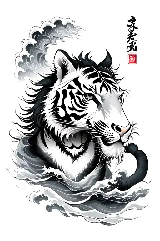 Chinese tiger with Japanese waves flowing throughout. also a Chinese horse tattoo design idea