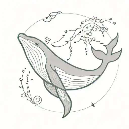 A minimalist design of a humpback whale surrounded by symbols of self care and growth, incorporating elements of attachment theory tattoo design idea