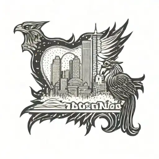 An intricate design combining the iconic Detroit skyline with a motor city theme, incorporating rooster elements tattoo design idea