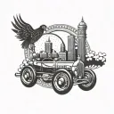 An intricate design combining the iconic Detroit skyline with a motor city theme, incorporating rooster elements tattoo design idea