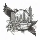 An intricate design combining the iconic Detroit skyline with a motor city theme, incorporating rooster elements tattoo design idea