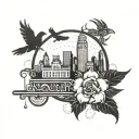 An intricate design combining the iconic Detroit skyline with a motor city theme, incorporating rooster elements tattoo design idea