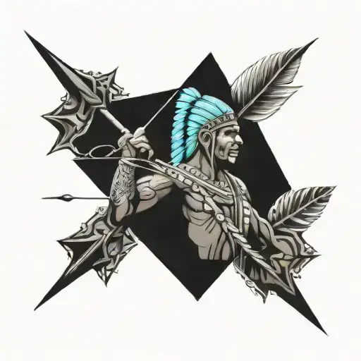 a Indian person with a arrow head and turquoise  tattoo design idea
