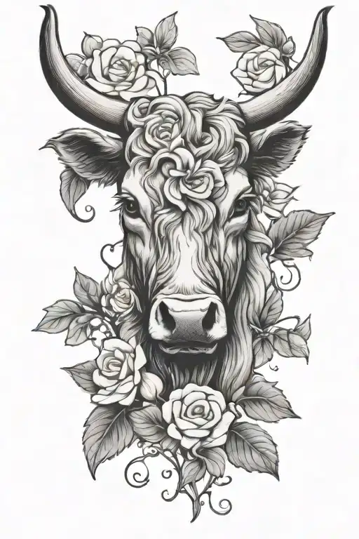 simple highland cow skull surrounded by gardenias  tattoo design idea