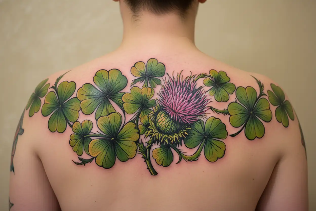 Scottish thistle with clover intertwined tattoo design idea