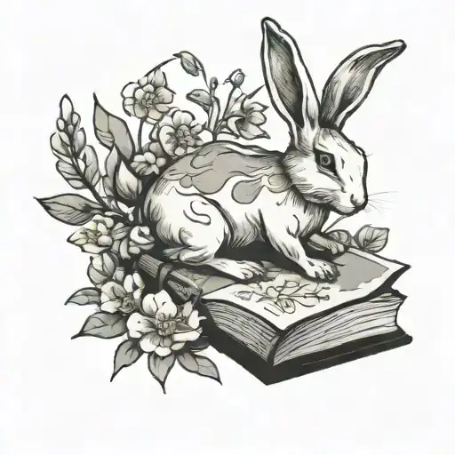 rabbit running out of a book surrounded by wild flowers tattoo design idea