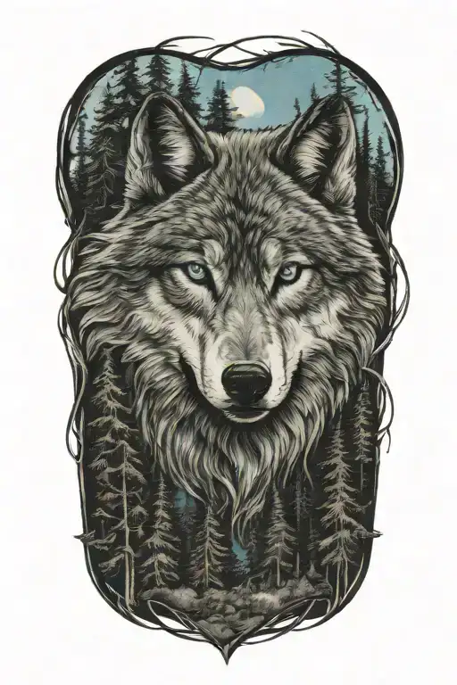 wolf blue eyes howling forest landscape tattoo design idea