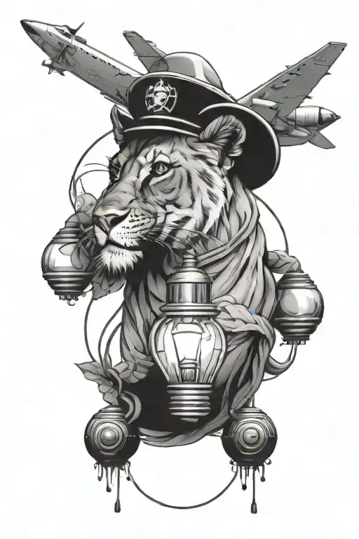 lioness, light bulb and airplane tattoo design idea