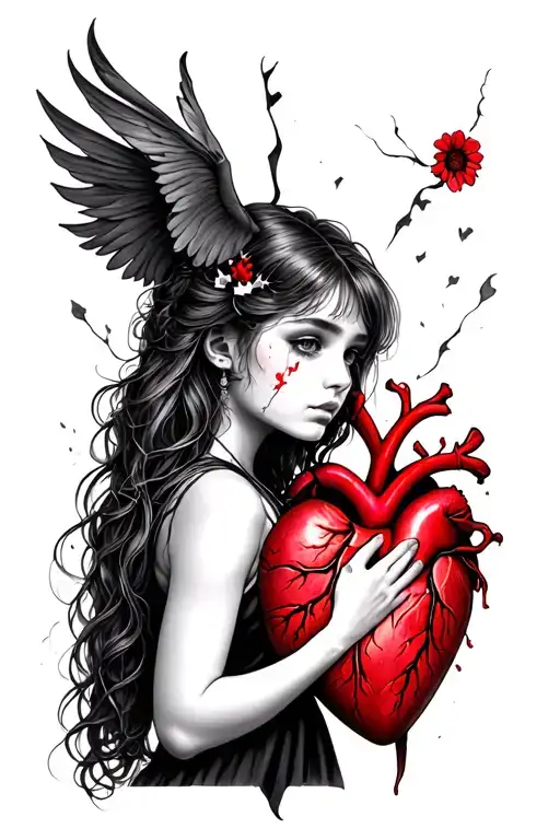create a tattoo of a girl with a broken heart and poeple she loves who betrayed her and she finally became a heartless p tattoo design idea